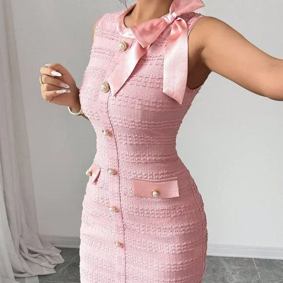 Pink Elegant Women's Fitted Mini Dress with Bow & Pearl - Picture 4 of 5